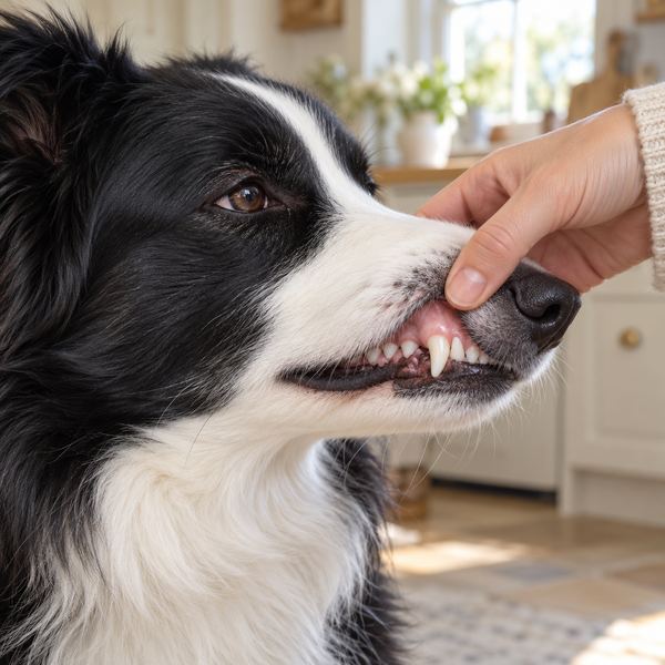 Lifting a Border Collie's lip to check the gums