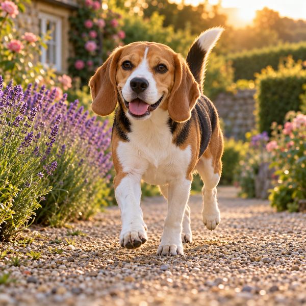 Beagle trotting along a garden path