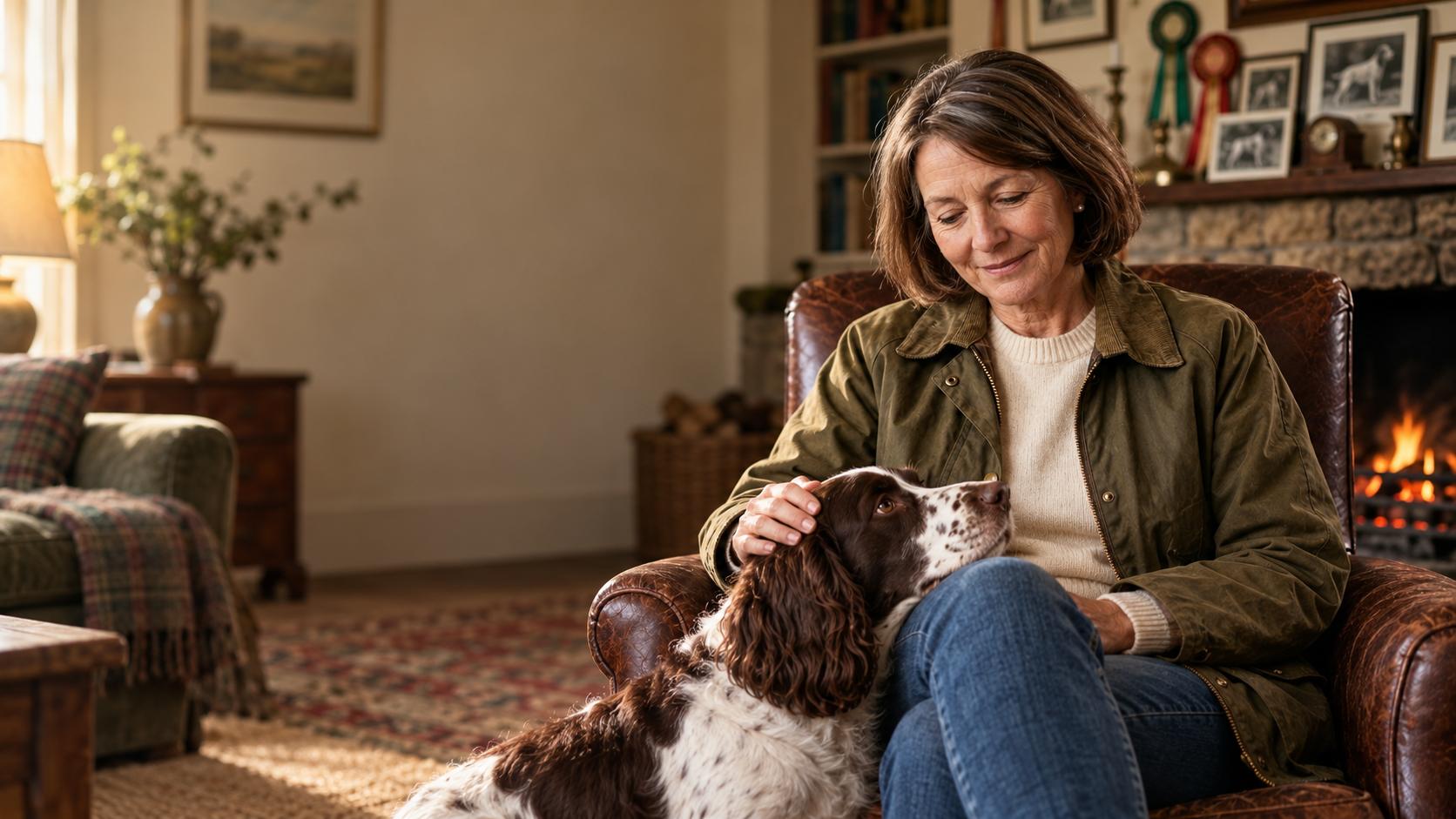 Judith Pembroke in her armchair with her springer spaniel